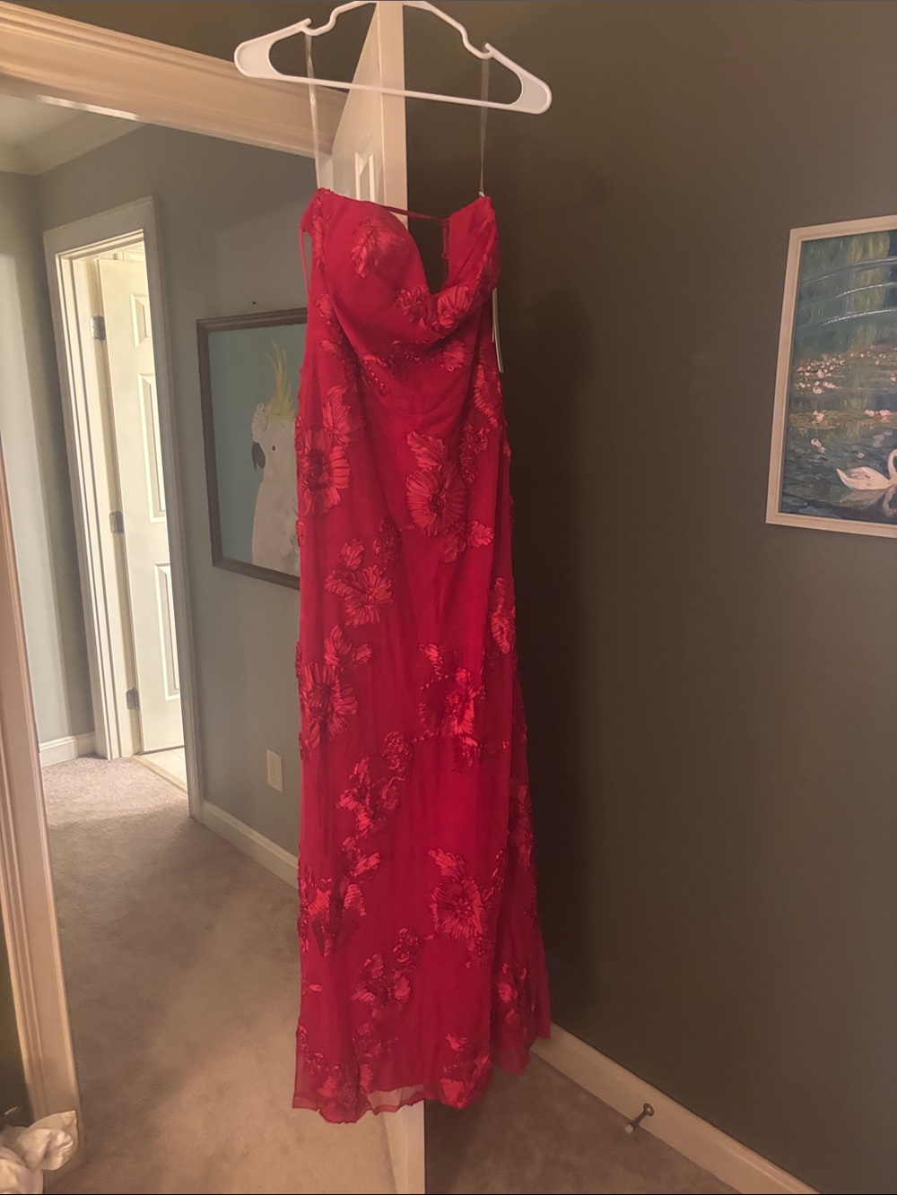 Red Floral Lace Maxi Dress with Sweetheart Neckline